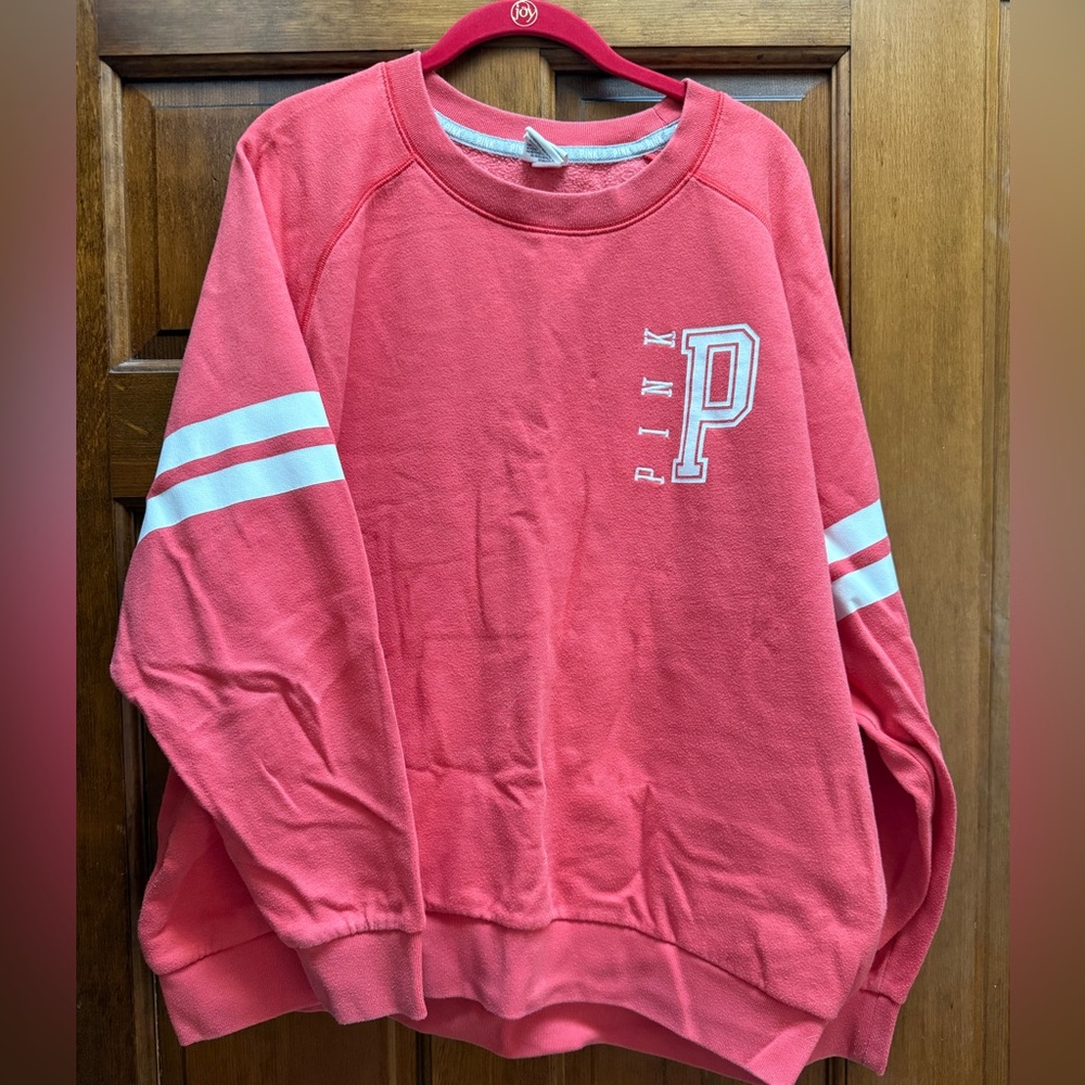 Coral Crewneck Sweatshirt with Stripes